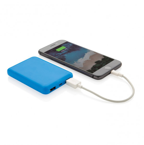 Niebieski power bank do nadruku logo, pojemność 5000mAh, plastikowa obudowa