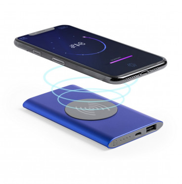 Bezprzewodowy 5W, power bank aluminiowy 4000 mAh,  niebieski kolor